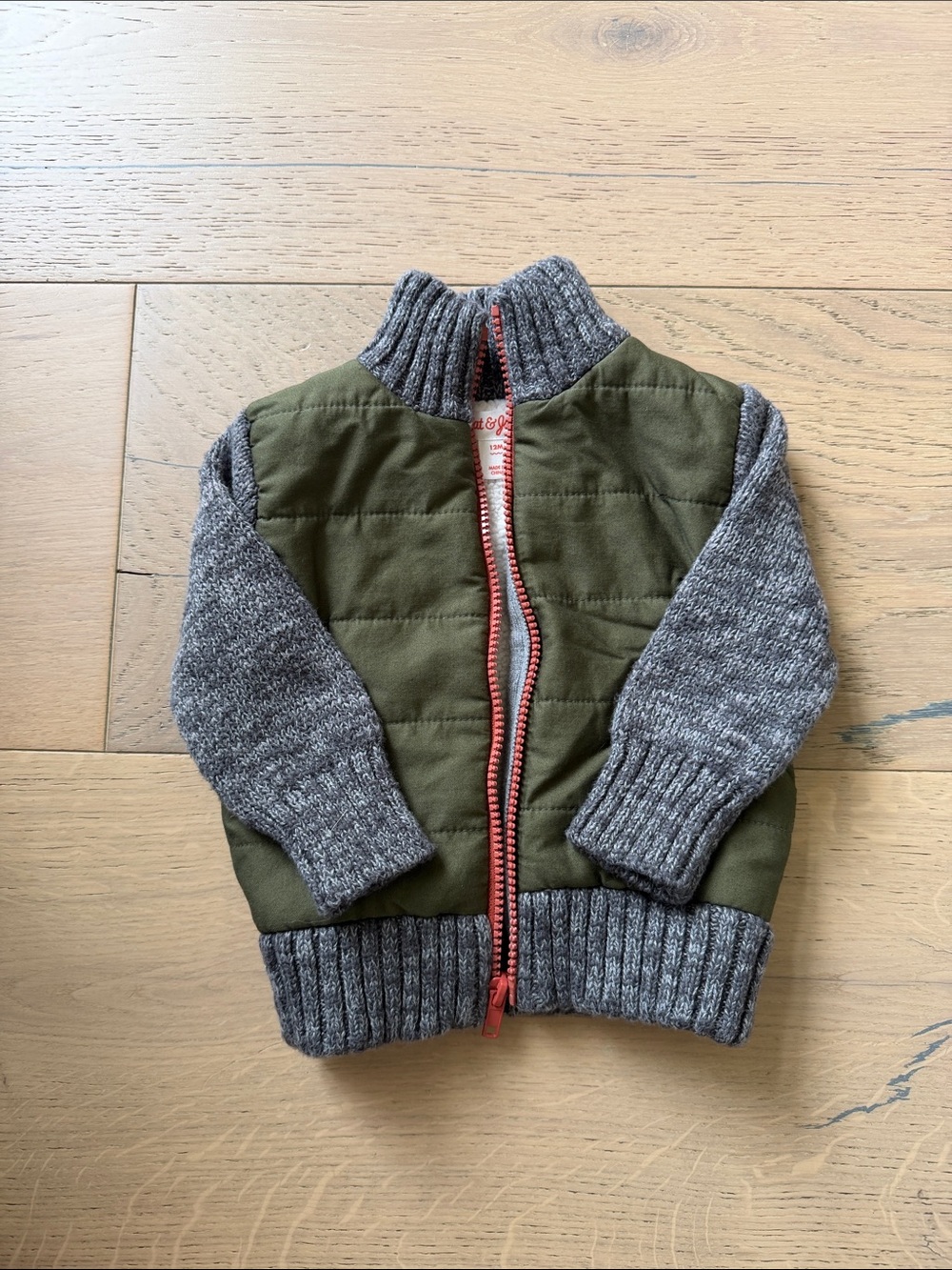 Cat & Jack Olive Green Quilted Jacket with Gray Knit Sleeves